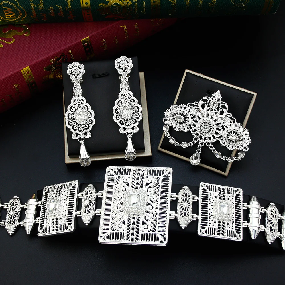 Sunspicems Silver Color Morocco Bride Jewelry Sets Caftan Belt Flower Crystal Brooch Long Drop Earring Moroccan Waist Chain Belt