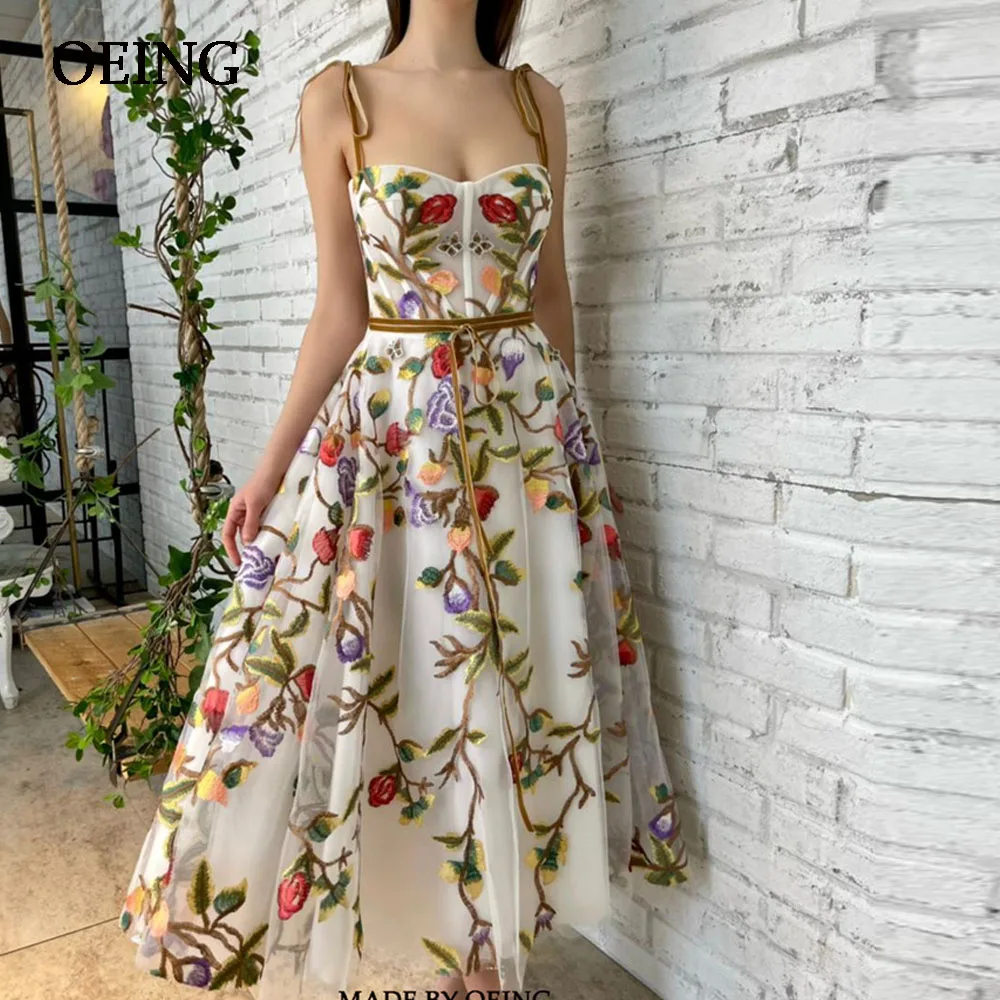 OEING Tule Bow Spagehetti Strapes Floral Beading Vestidos de Noite Homecoming Vestido de comprimento Charming Chic Prom Vestidos