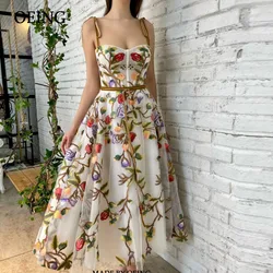 OEING Tulle Bow Spagehetti Strapes Floral Beading Evening Dresses Homecoming Dress Tea-Length Charming Chic Prom Gowns