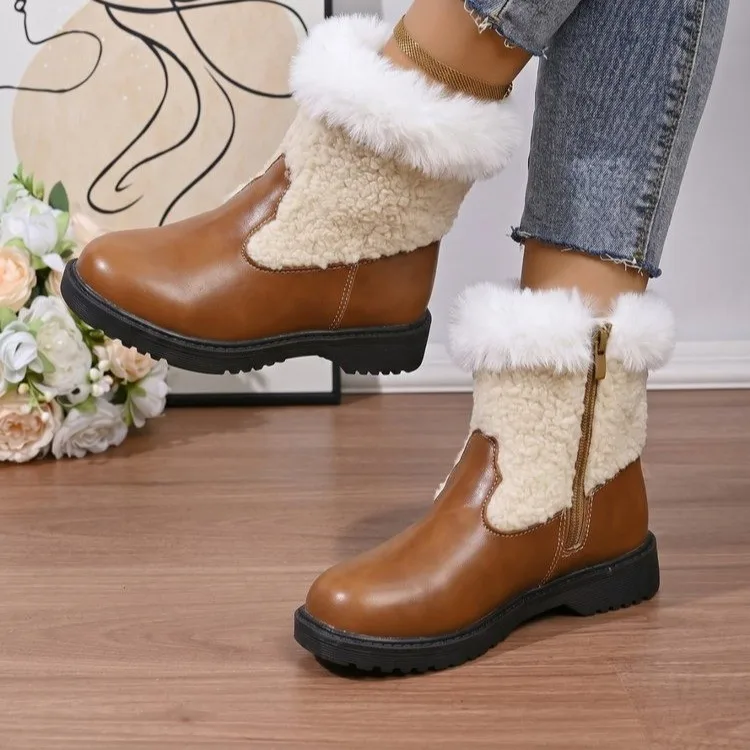 Kids Waterproof winter Boots children's Brown Fluffy Faux Fur Lined Boots girl's Anti-Slip Sole Thick Bottom Warm Shoes Students