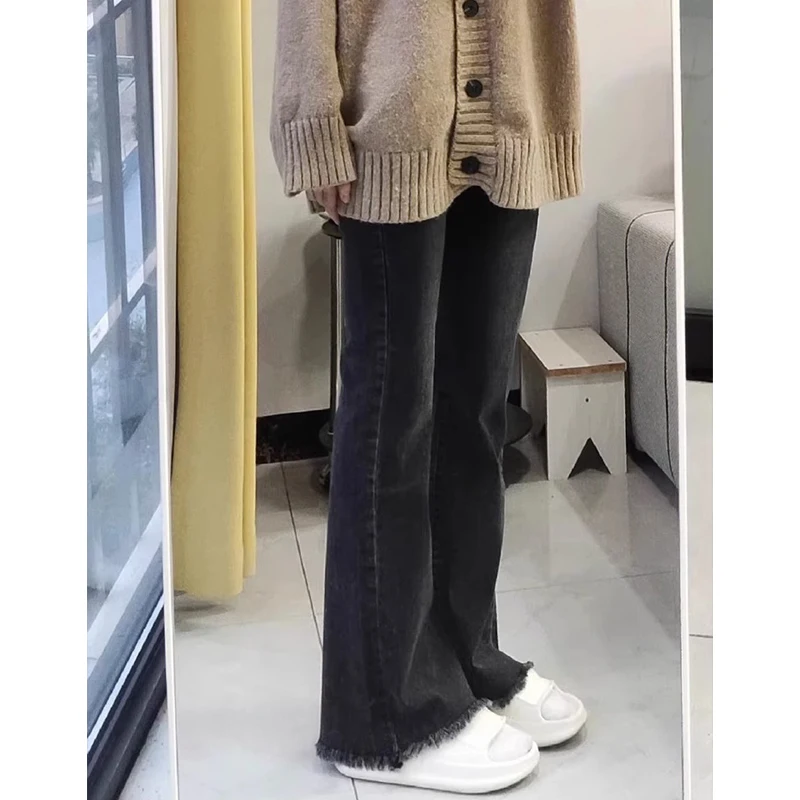 

Расклешенные джинсы с высокой талией, женские джинсовые брюки больших размеров с отделкой из искусственного меха и высокой посадкой, весенне-осенние длинные леггинсы с кисточками Faion