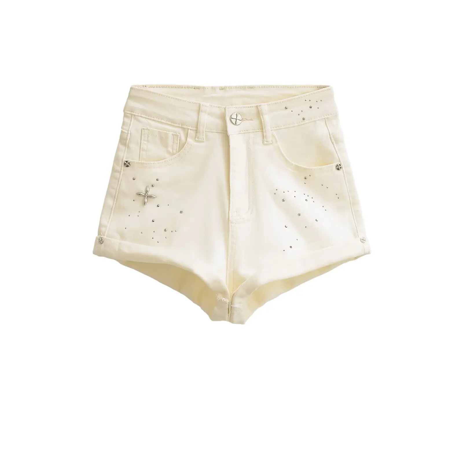 American Sle Spicy Girl Heavy Embellied Rhinestone Cuffed Denim Orts Dames Zomer Koreaanse Faion Veelzijdige wijde pijpen A-L...