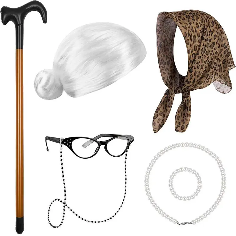 Halloween Back-to-School 100 Days Old Lady Costume Set Wig COS Elderly Grandmother Wig Walking Stick Headscarf Pearl Necklaces view 4