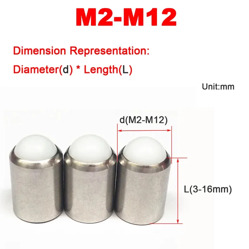 

304 Stainless Steel Spring Plunger No Steps Plastic Ball Head Fixed For Machinery M2 M3 M4 M5 M6 M8 M10 M12