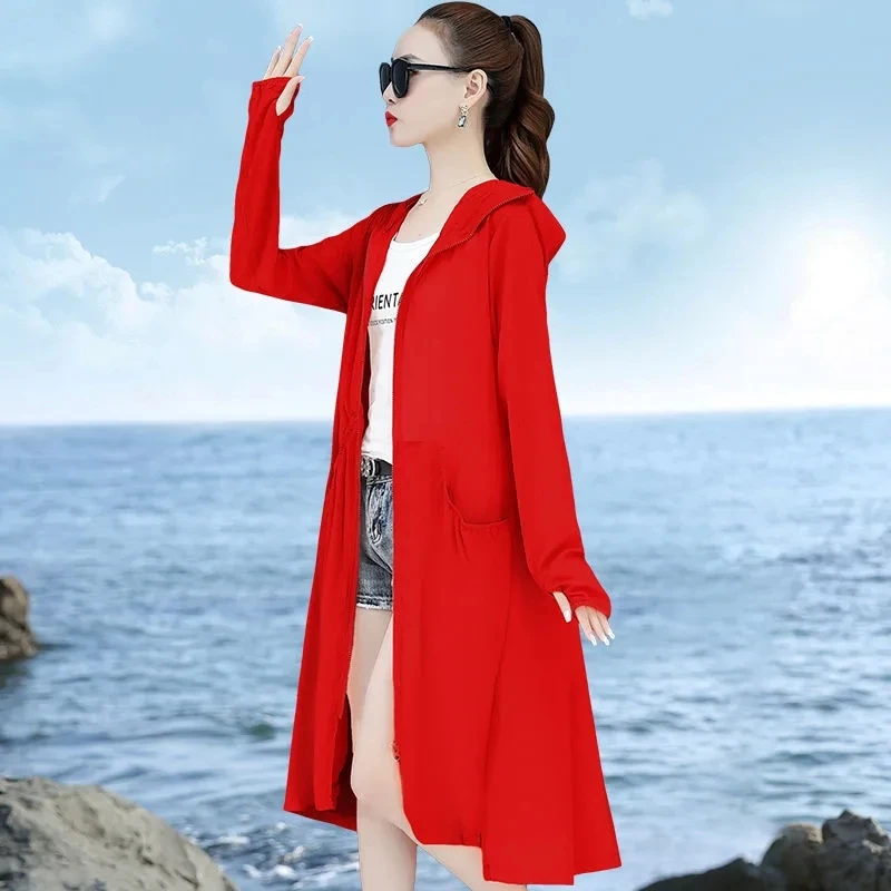 Summer Women\'s Sunscreen Clothing 2023 New Long-Sleeved Korean Thin Breathable Ice Silk Fashion Long Hooded Sun-Protective Coats