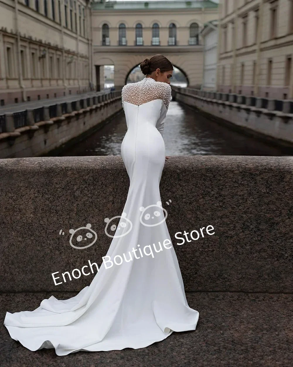 Customized Msikoods Luxury High Neck Wedding Dresses Long Sleeve Pearls Beading Mermaid Bridal Dress Satin Women Brides Gown