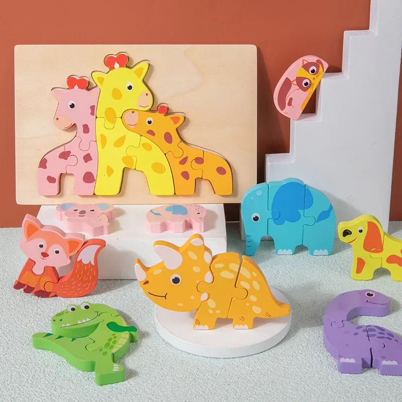 Wooden Puzzle Montessori Animals Carton Colorful Learning Education Toys Tangram Jigzaw Cognitive Wood for Children Kids Gift