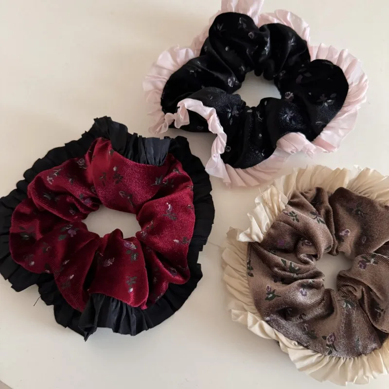 Ballet style pleated edge velvet fresh floral hair band sweet flower large intestine ring niche ponytail hair accessories new