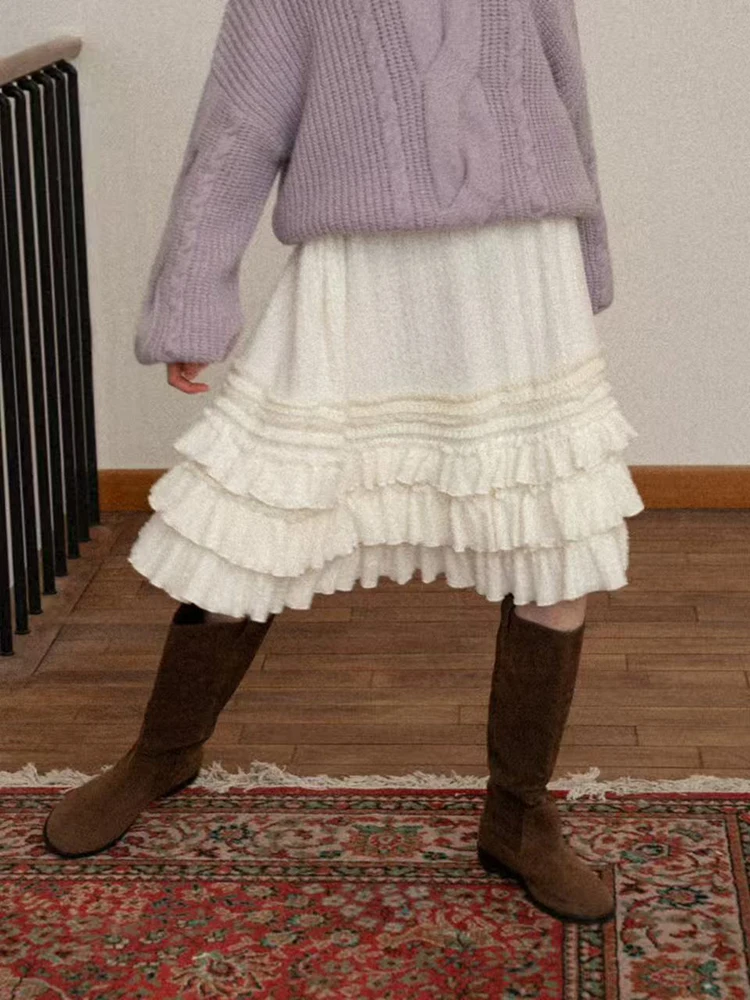 Sweet Patchwork Knit Skirts for Women Spring High Waist Ruffles Splicing Cake Skirts Y2K Female Loose Streetwear A Line Skirts