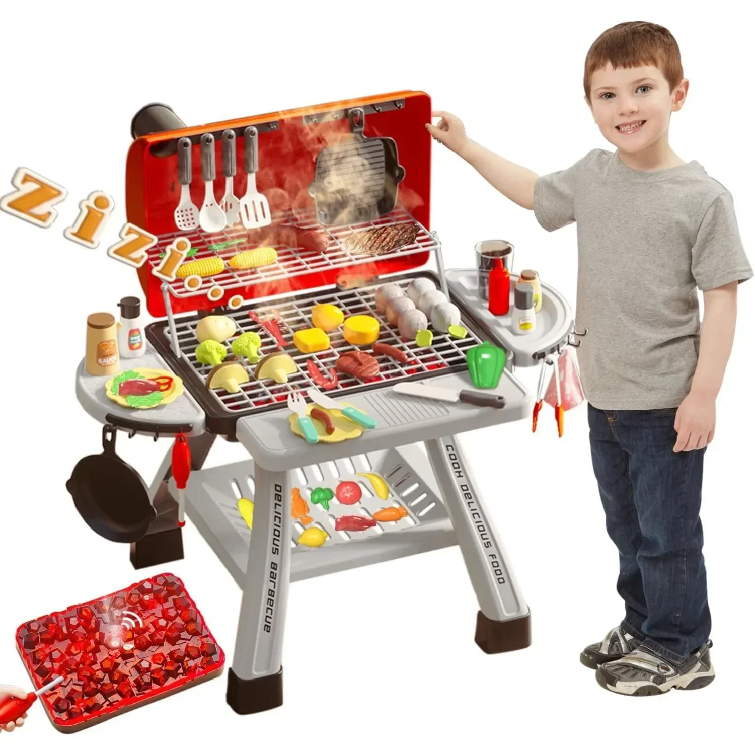 Barbecue Grill Toy Set Kids BBQ Pretend Play Kitchen Playset with Smoke Sound Light Simulation Camping Cooking Food Toys Gift