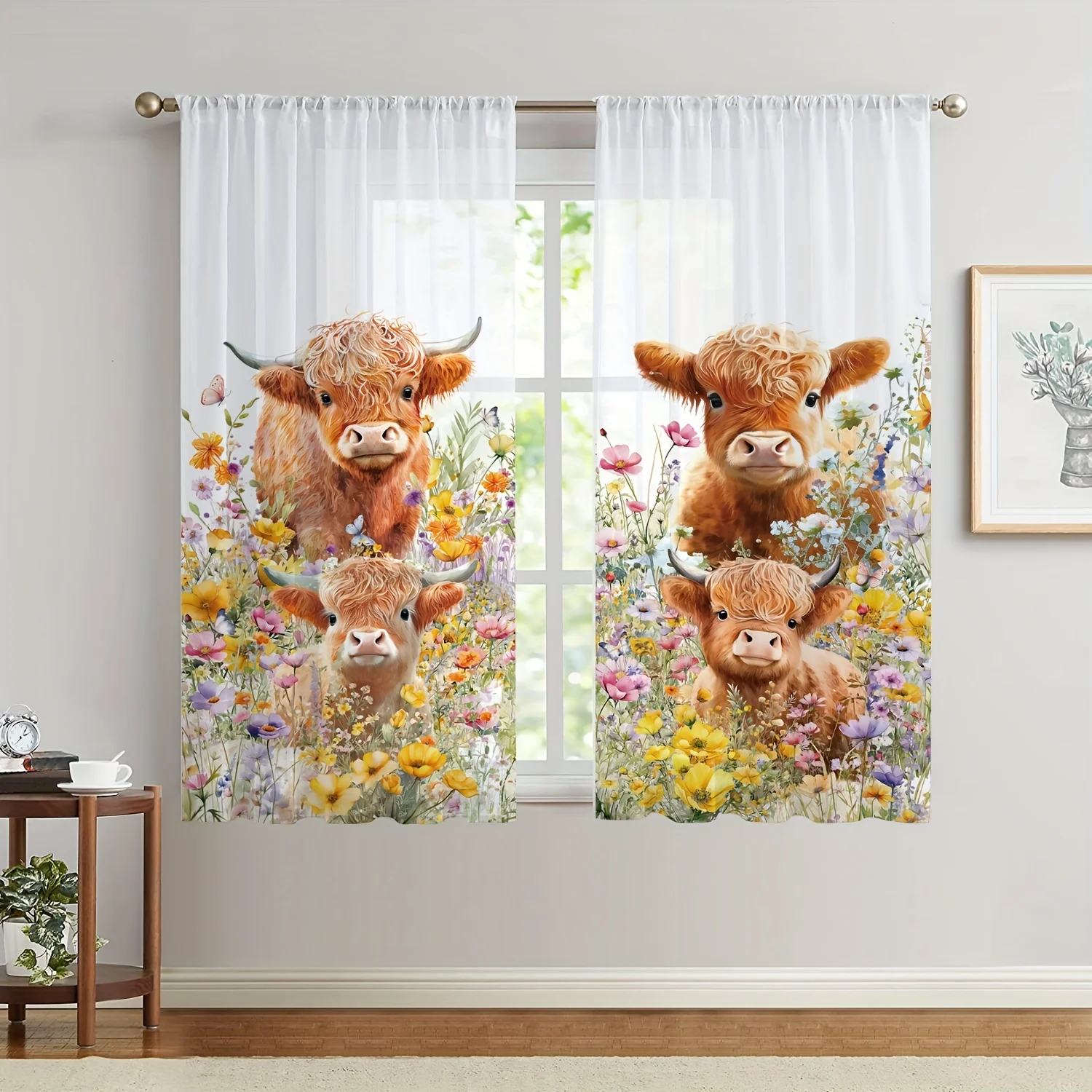 Rustic Cottagecore Cow Floral Curtains Bathroom Window Drapes Farm Animal Print Decorative Privacy Curtains Pair Set