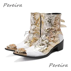 Brand Wedding Men\'s Shoes Luxury Golden Chain Pointed Toe Belt Buckle High Heel Chelsea Boots Genuine Leather Party Dress Shoes