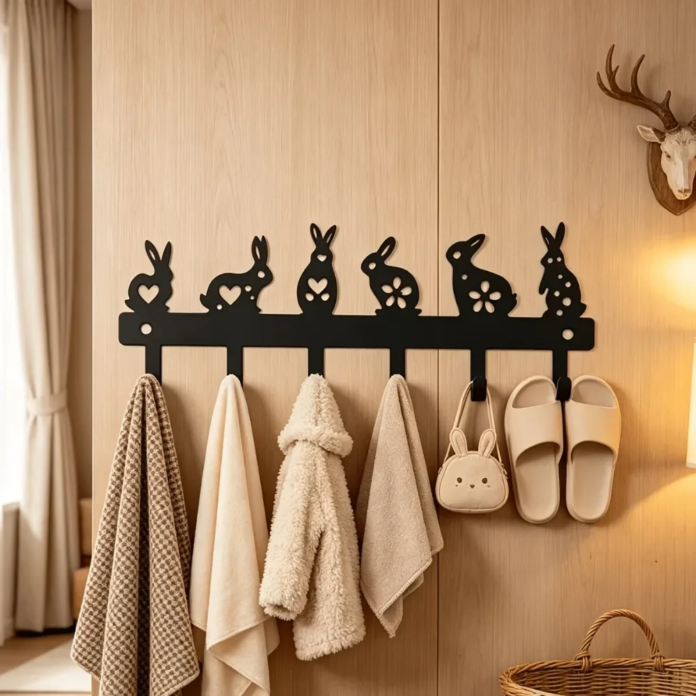 CIFBUY Black Rabbit Metal Wall Hooks Hollow Iron Hanger Entryway Door Key Bag Coat Home Decor Organizer Gift
