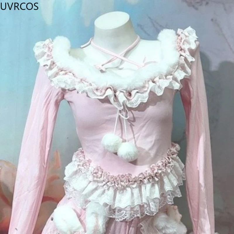 Kawaii Cute Lolita Skirt Sets Women Swweet Love Strawberry Bunny Long Sleeve T-shirt Tops Y2k Cake Skirt Suit Pink Two Piece Set