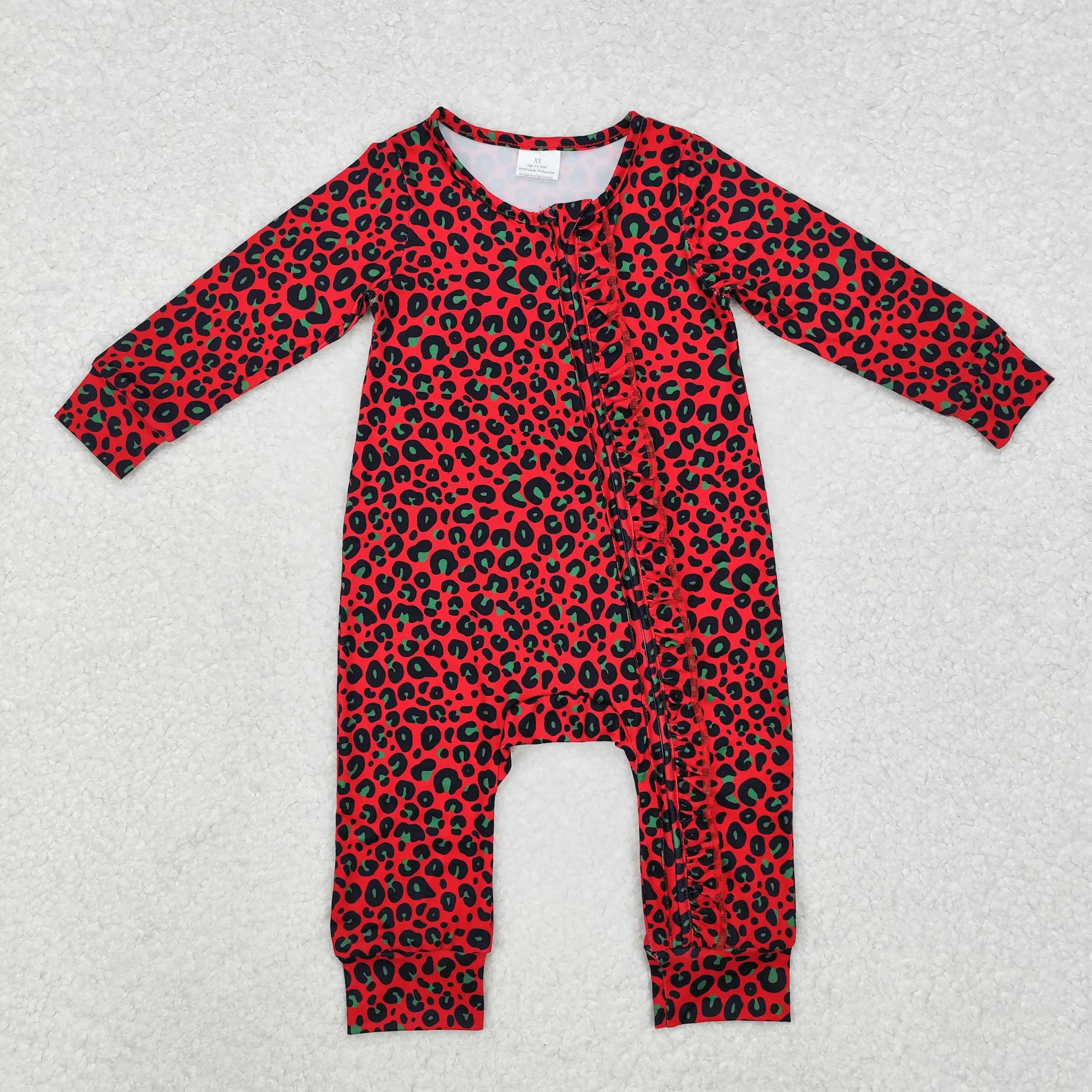 Wholesale Newborn Baby Girl Red Green Leopard Long Sleeves Zipper Jumpsuit Kids Children Toddler Spring Fall One-piece Romper