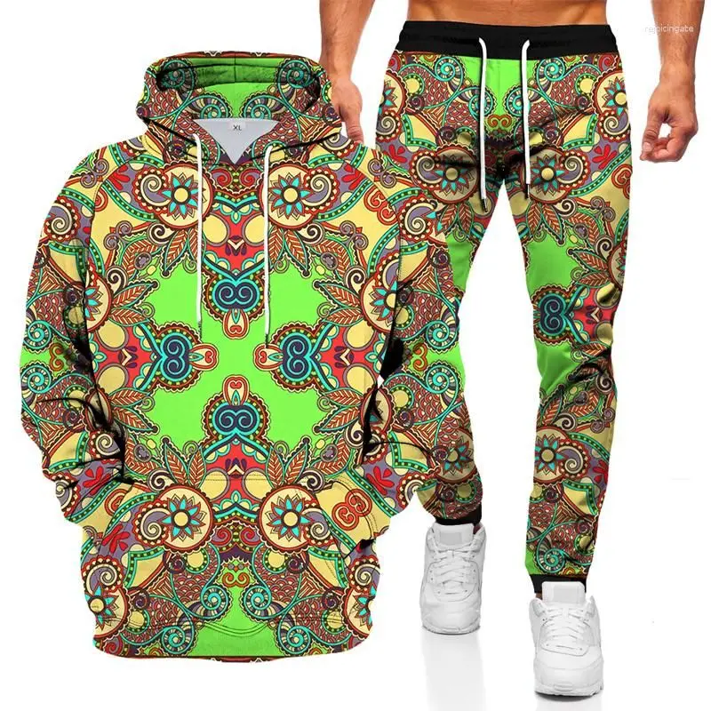 Men\'s Hoodies Sweatshirts Pants Suits 3D Geometric Printed Hoodie Sports Suit Fashion Tracksuits Outfits Mens Clothing 2Pcs Sets