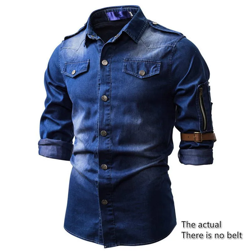 Chemise en denim à col rabattu pour hommes, chemise boutonnée multi-poches, mince, manteau mince, vêtements pour hommes, mode décontractée, nouveau,