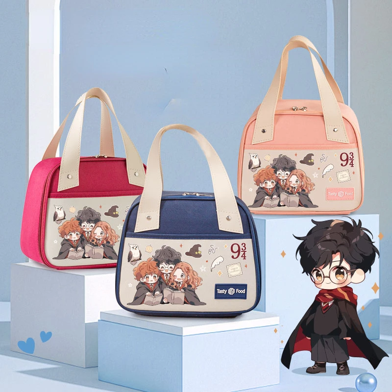 Harry Potter Lunch Bag Large Capacity Thermal Handbag Kawaii Cartoon Character Hermione Ron Pattern Portable Creative Gift