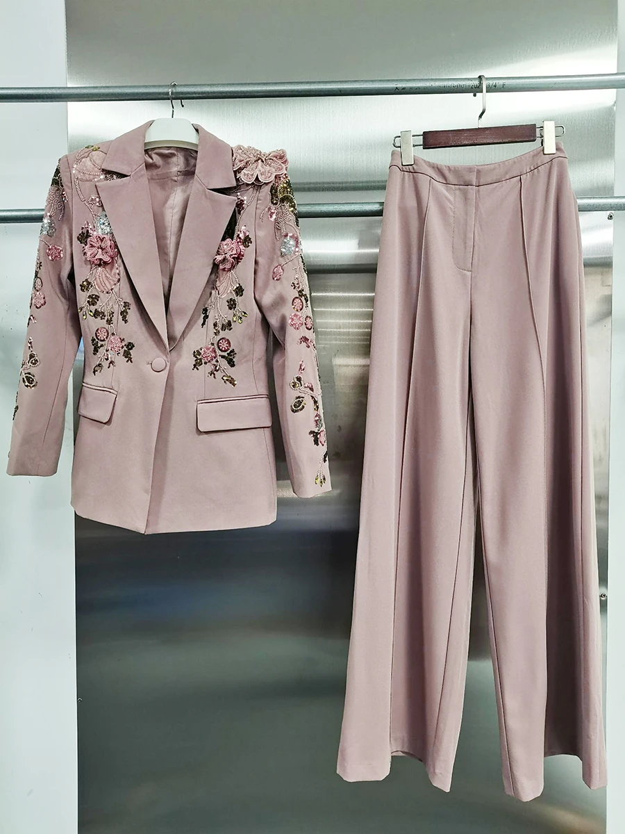 TWOTWINSTYLE Elegant Two Piece Sets for Women Lapel Long Sleeve Spliced 3D Bead Flower Luxurious Jacket Wide Leg Pant Set Female