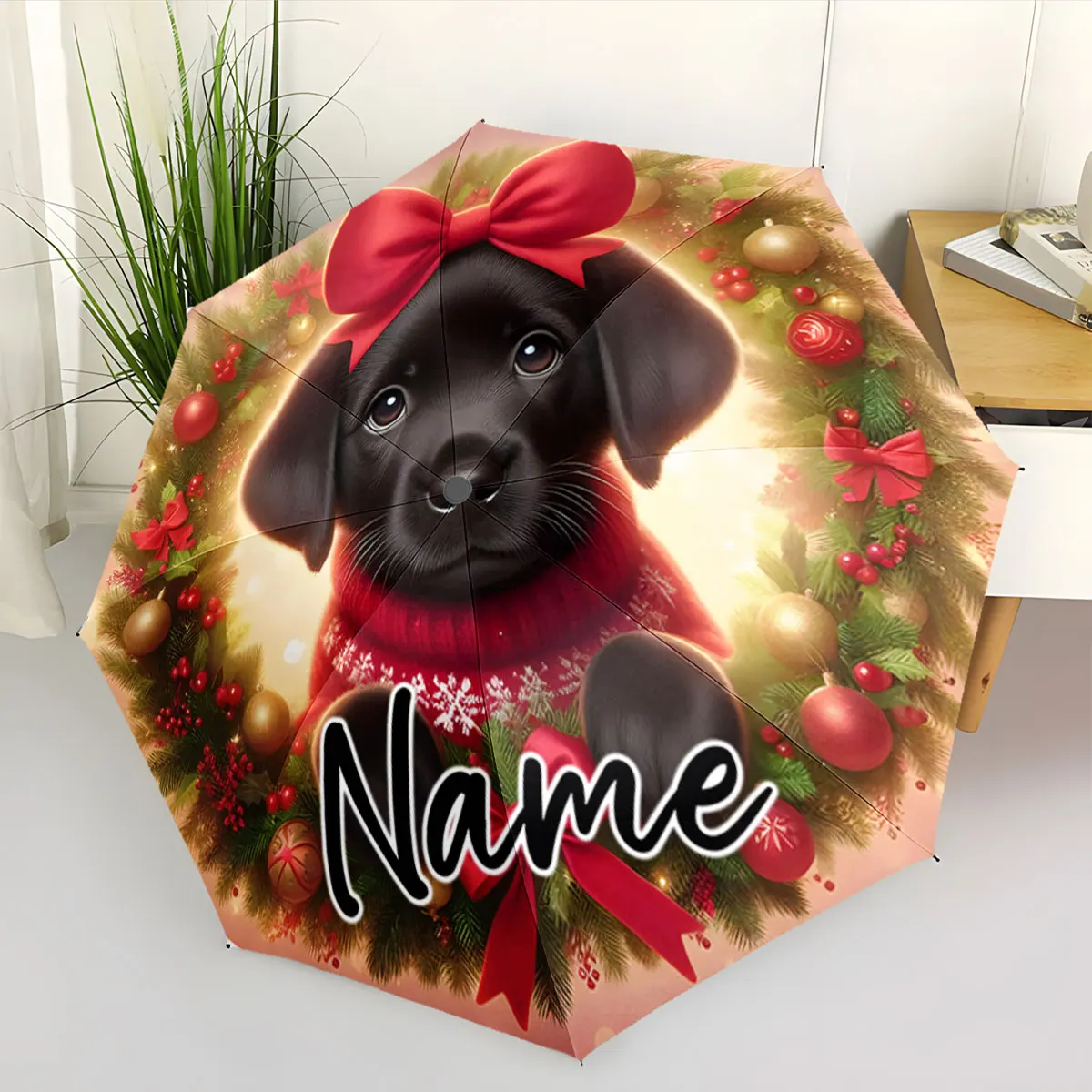 Custom Name Festive Umbrella with Adorable Puppy Design Print 8 Iron Ribs Folding Umbrella, Auto-Open Fashion Sunshade