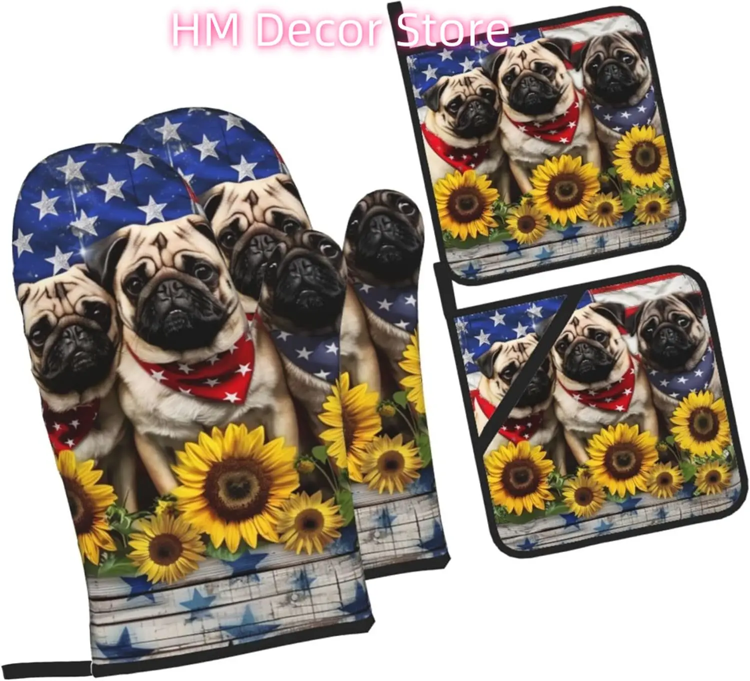 Cute Pugs American Flag Oven Mitts and Pot Holders Sets of 4, Cute Heat Resistant Oven Mitts - Non-Slip Cooking Gloves for Kitch