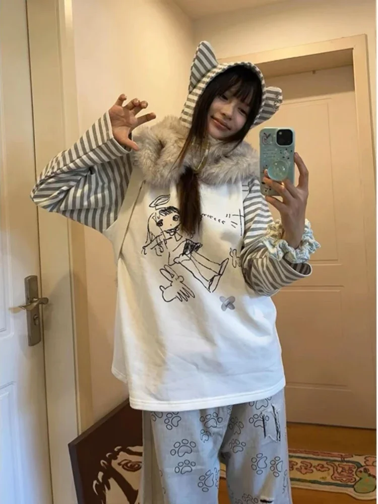 

QWEEK Striped Y2k Graffit Hooded T Shirt Women Patchwork Harajuku Loose Cartoon Print Anime Oversize Grunge Tees 2025 Spring