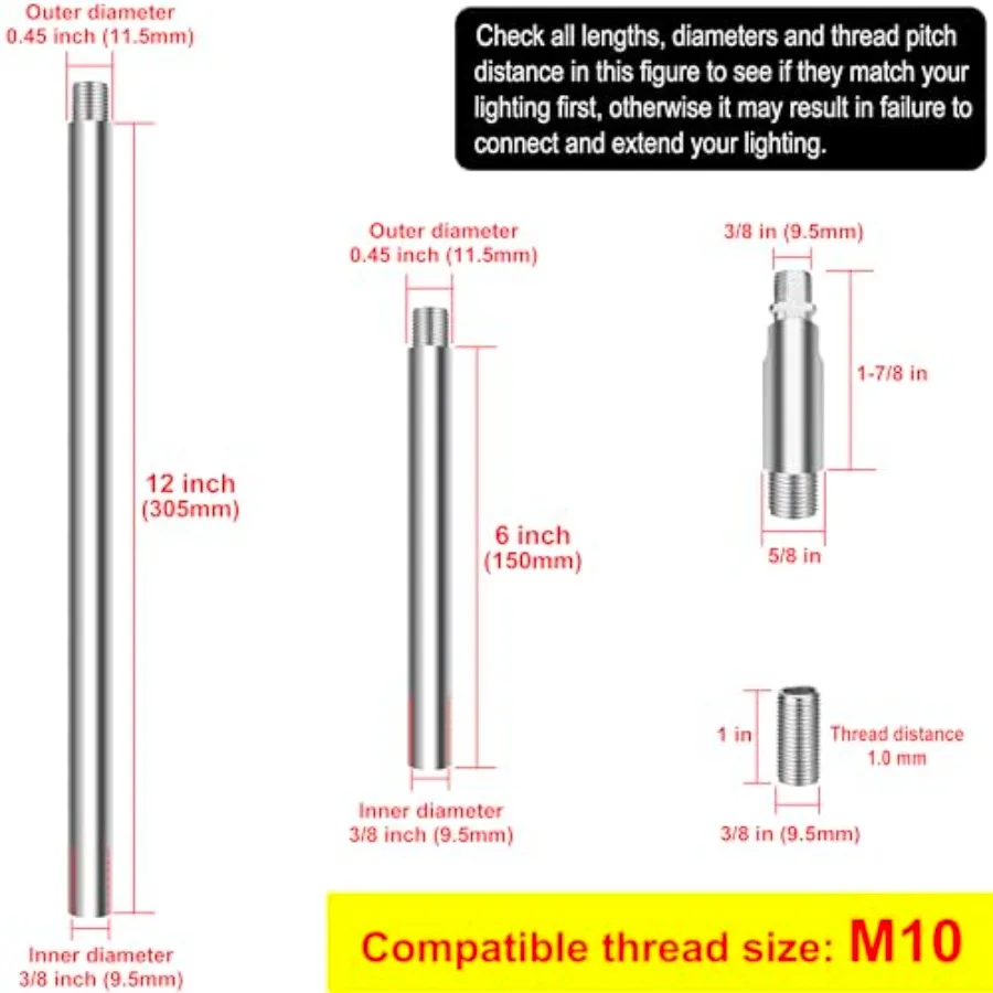 M10 Threaded Extension Poles Lighting Fixture Downrods Stems and 180 Degrees Sloped Ceiling Adapter Kits for Pendant Light, Isl