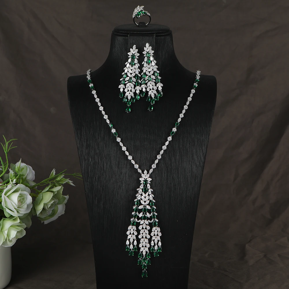 

Luxury Flower Round Geometric Leaf Tassels Cubic Zircon Engagement Dubai Naija Bridal Rings Necklace Earring Jewelry Set S513