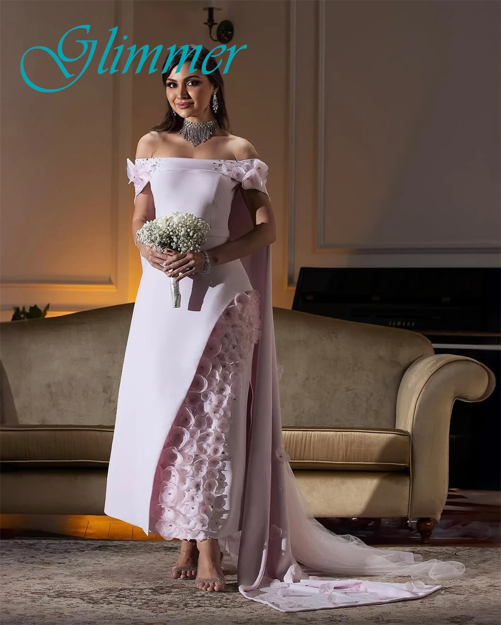 

Customized Delicate Jersey Boat Neck Evening Dress Graceful Flowers Prom Dress Fashion Watteau Train Special Occasion Gowns