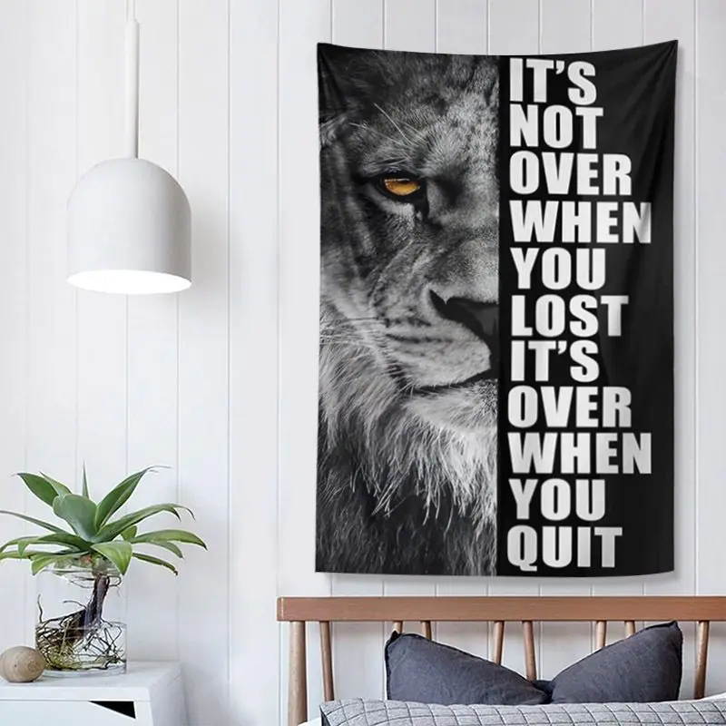VIKAMA Lion Inspirational Quote Tapestry, Black-and-White Lion Inspirational Slogan Wall Hanging, Wall Decor for the Home