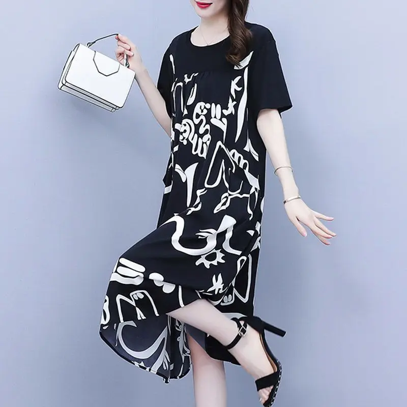 Fashion O-Neck Printed Spliced Loose Folds Fake Two Pieces Midi Dress Women's Clothing 2023 Summer New Oversized Casual Dresses