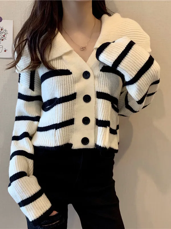 Loose Short Knitted Sweater for Women Casual Style Long Sleeve Turn-down Collar Striped Open Cardigan Moisture-wicking Function