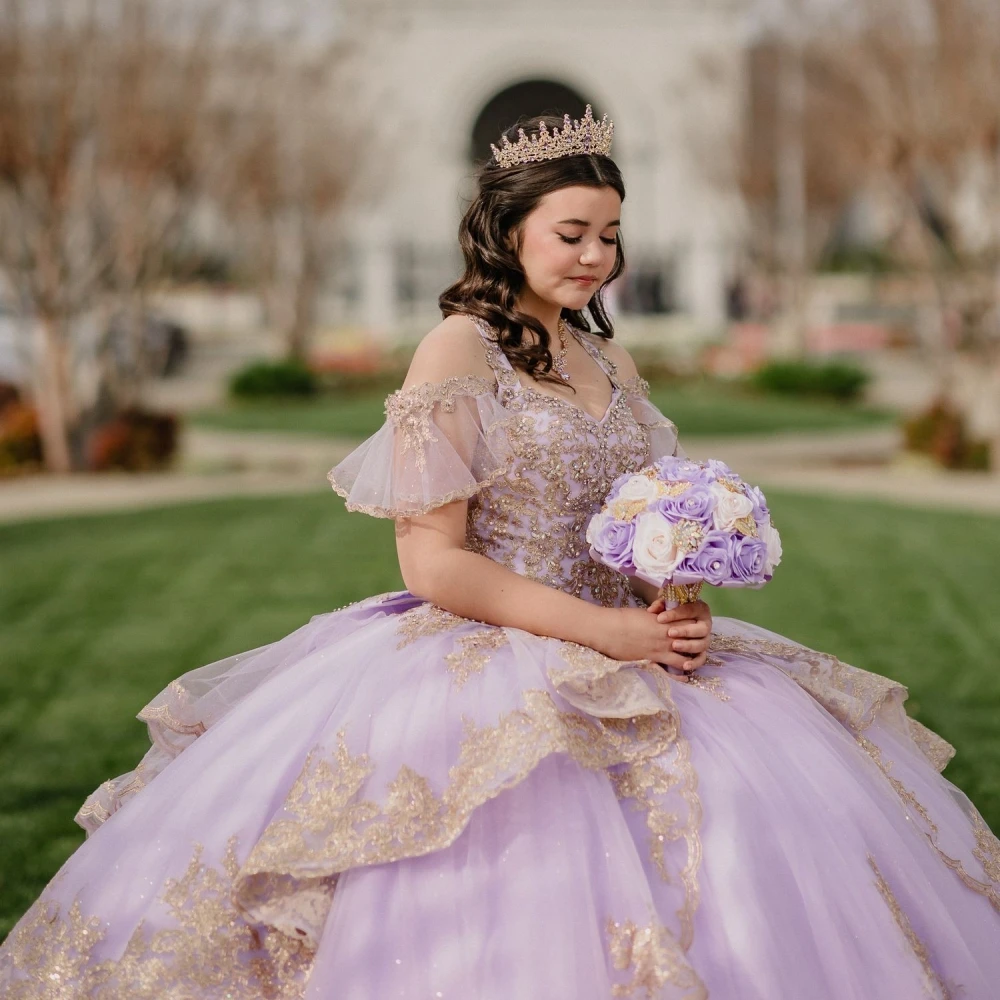 Golden Beads Appliques Quinceanrra Prom Dresses Graceful Off The Shoulder Princess Long Purple Shiny Sweet 16 Dress Vestidos