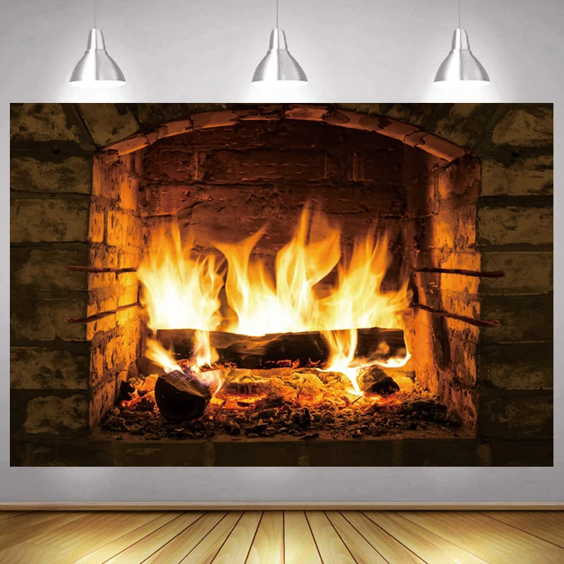 Fondale del camino per la fotografia stanza interna tronchi di fuoco muro di mattoni ritratto del bambino sfondi Photozone Banner per fotochiamate in vinile