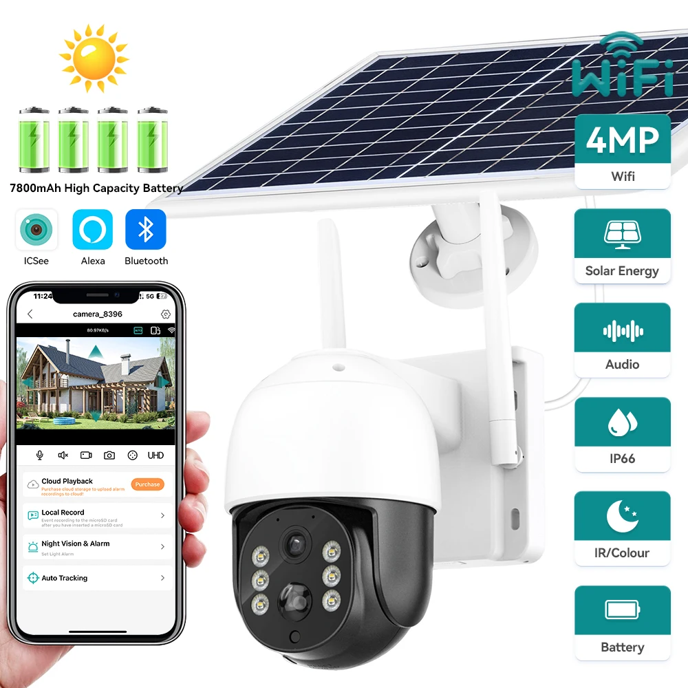 

4MP Solar WiFi Camera Rechargeable Battery PTZ Wireless Outdoor Security Camera PIR Human Motion Color Nightvision ICSEE