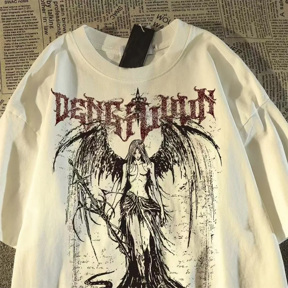 الموضة الأوروبية والأمريكية الجديدة للرجال الصيف الجمجمة الملاك طباعة مايكرو مطاطا تنفس الجولة الرقبة تي شيرت في الهواء الطلق مدينة عالية S