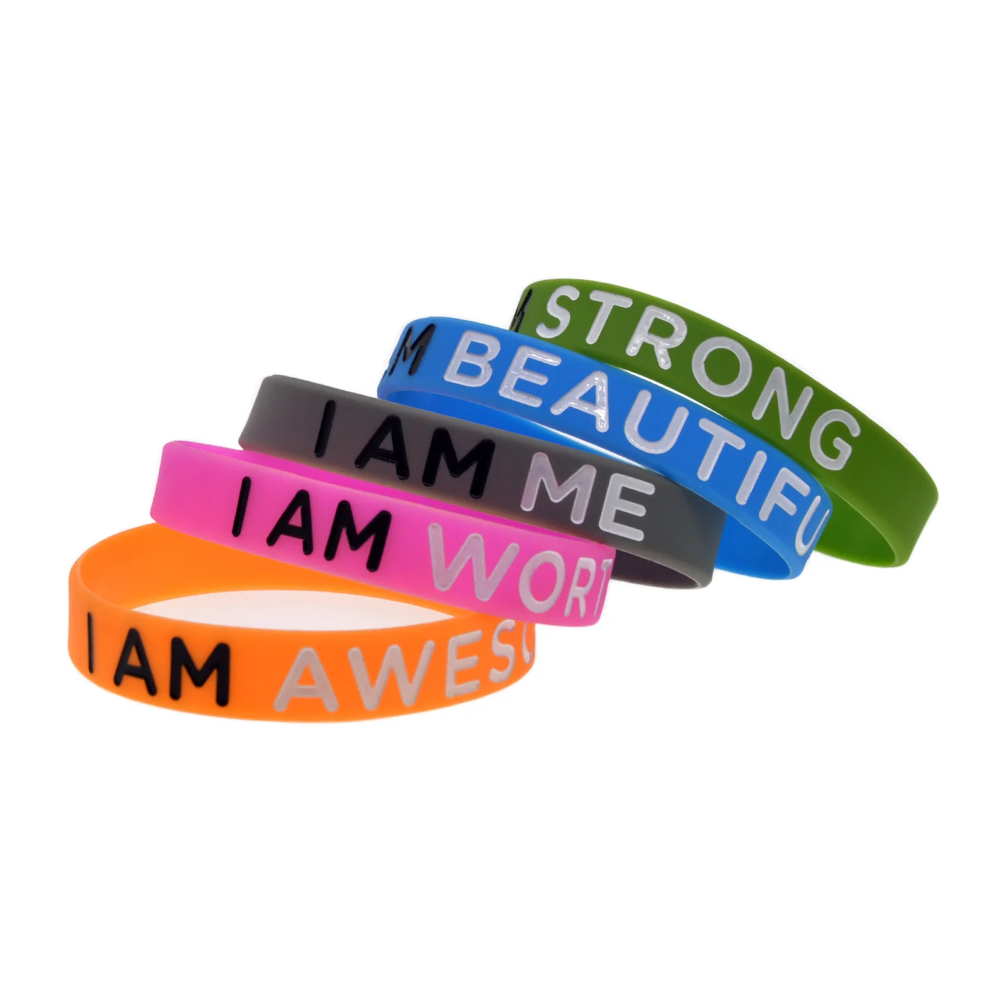 50 Pcs I AM STRONG Silicone Wristband Inspirational Quote Bracelet Positive Affirmation Bangle 5 Colors
