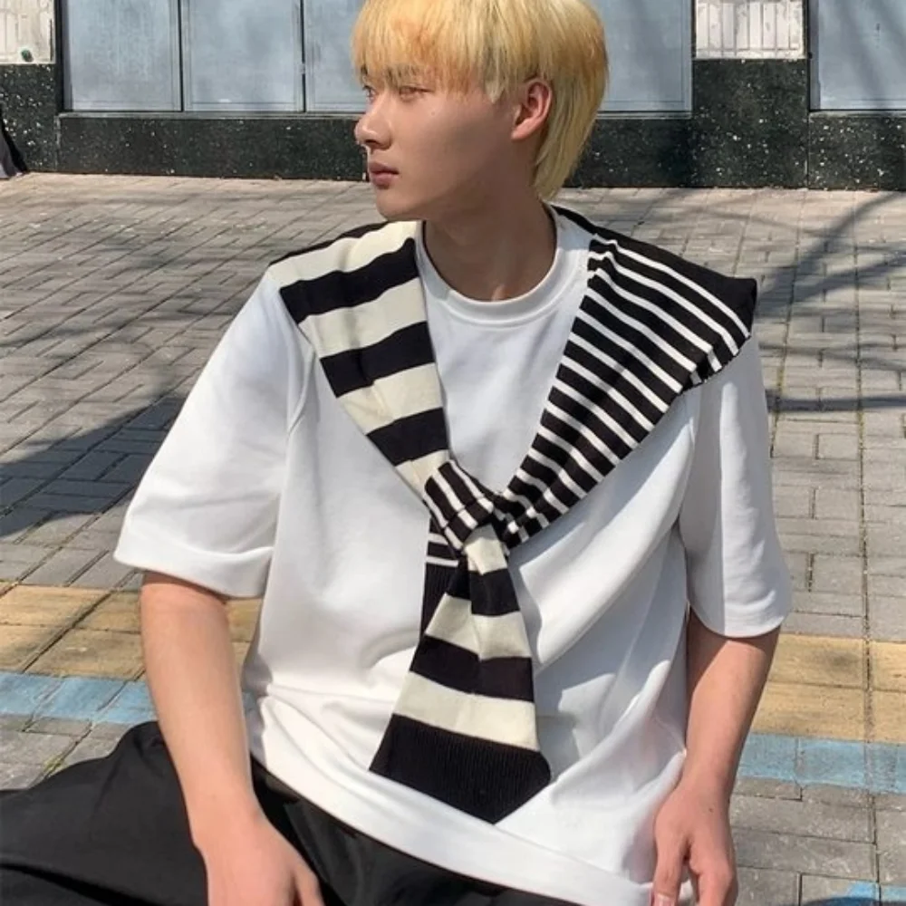 Semplice protezione solare da uomo scialle lavorato a maglia avvolge stile coreano asimmetria striscia sciarpa mantello annodato colletto finto avvolge vestiti decorazione