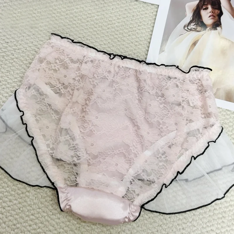 Calzoncillos Sissy de encaje con lazo transparente rojo de talla grande, ropa interior Sexy para mujer, bragas cortas, bragas de cintura alta, ropa interior