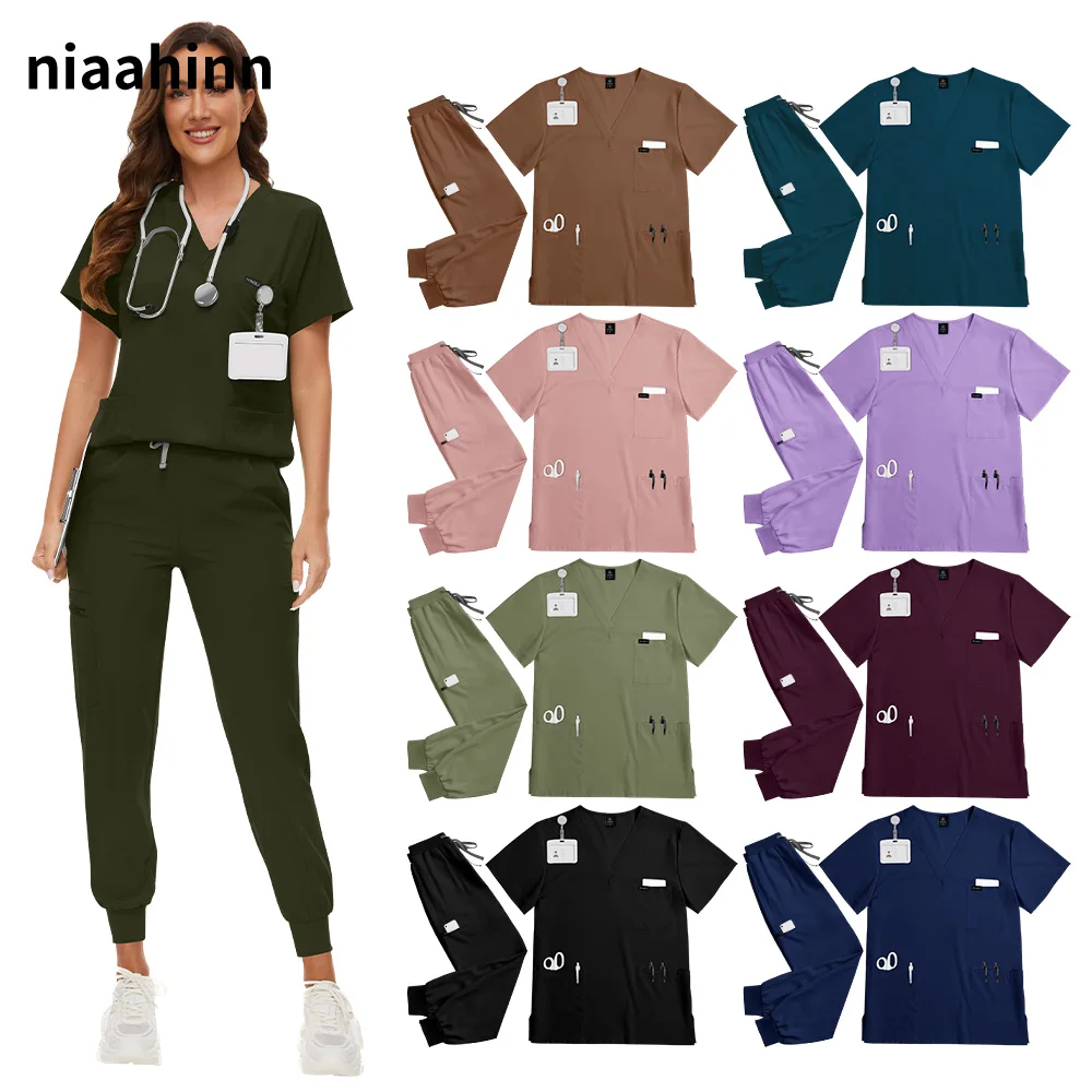 

S-2XL Pharmacist Nursing Tops+Jogging Pants Beauty Salon Work Suits Medical Surgical Scrub Set Women Men Lab Working Uniform Set