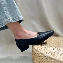 Women Basic Shoes Soft Cowhide Daily Footwear On Thick Heel Slip on Work Pumps Genuine Leather Simple Shoes Cozy Loafers