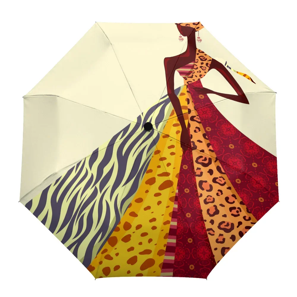 African Woman Leopard Print Skirt Fully-automatic Parasol Umbrella Eight Strand Umbrella Foldable Rain Outdoor Umbrella