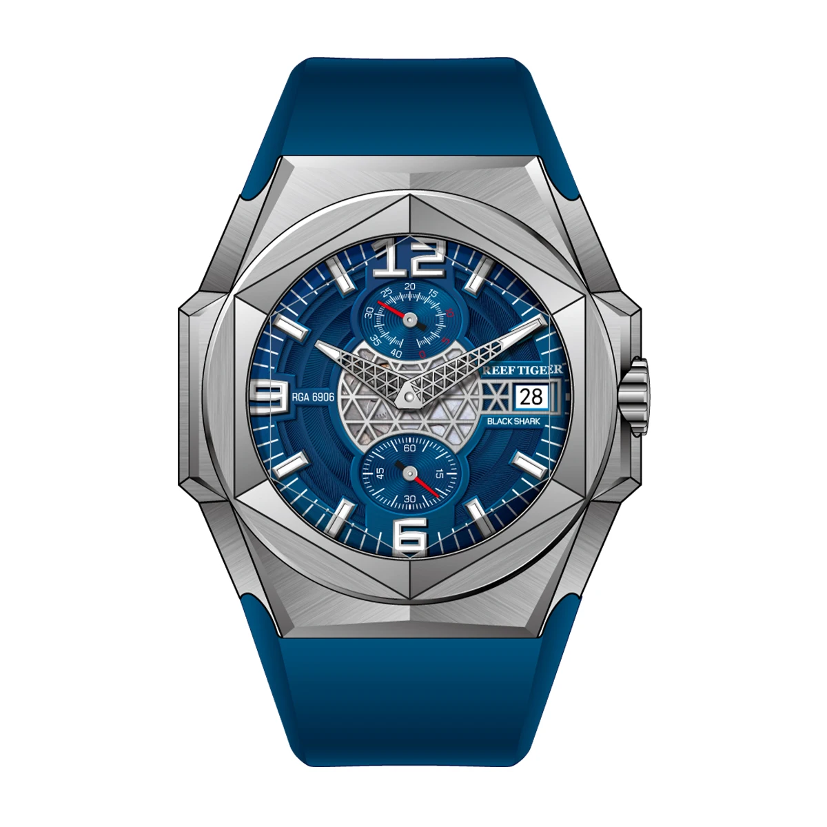

Reef Tiger Men Automatic Watch 43mm Fashion Mechanical Wristwatch Luminous Sapphire Hexagonal Bezel Rubber Strap