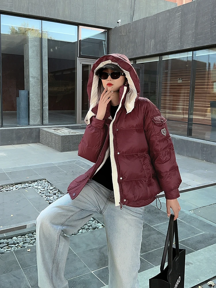 Winter Down Cotton Jacket Women Fashion High Designer Hooded Loose Short Puffer Coat Female Warm Thick Parkas 2024