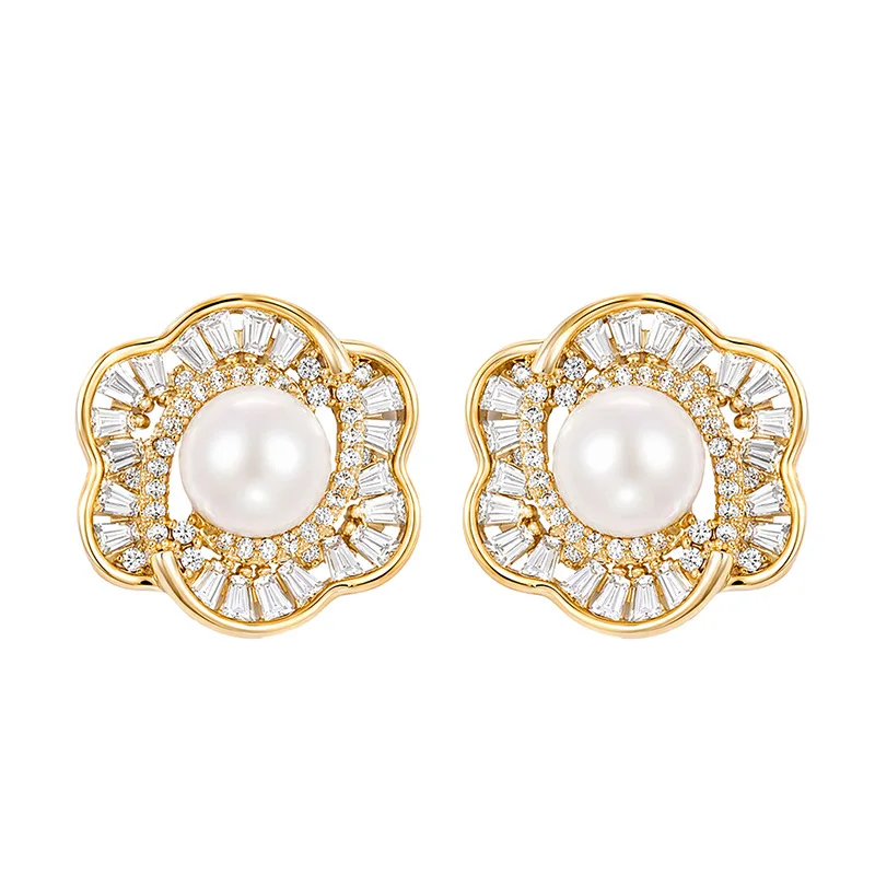 Exquisite Sparkling Zircon Inlaid Natural Freshwater Pearl Stud Earrings for Women, Luxury High-End Jewelry Gift