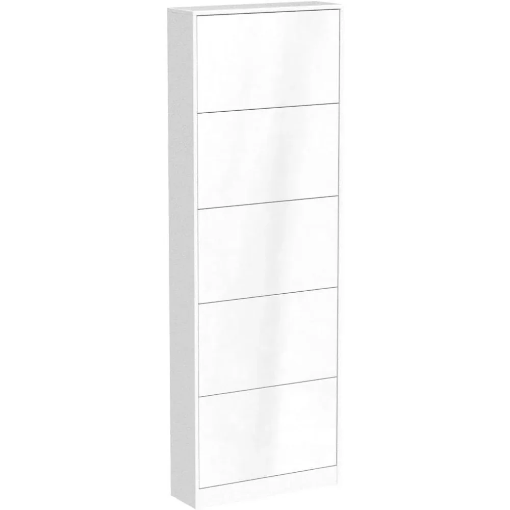 Armoire à chaussures avec 5 pivots à rabat, armoire de rangement étroite pour chaussures, armoire d'entrée, miroir pleine longueur T1, meuble à chaussures blanc…