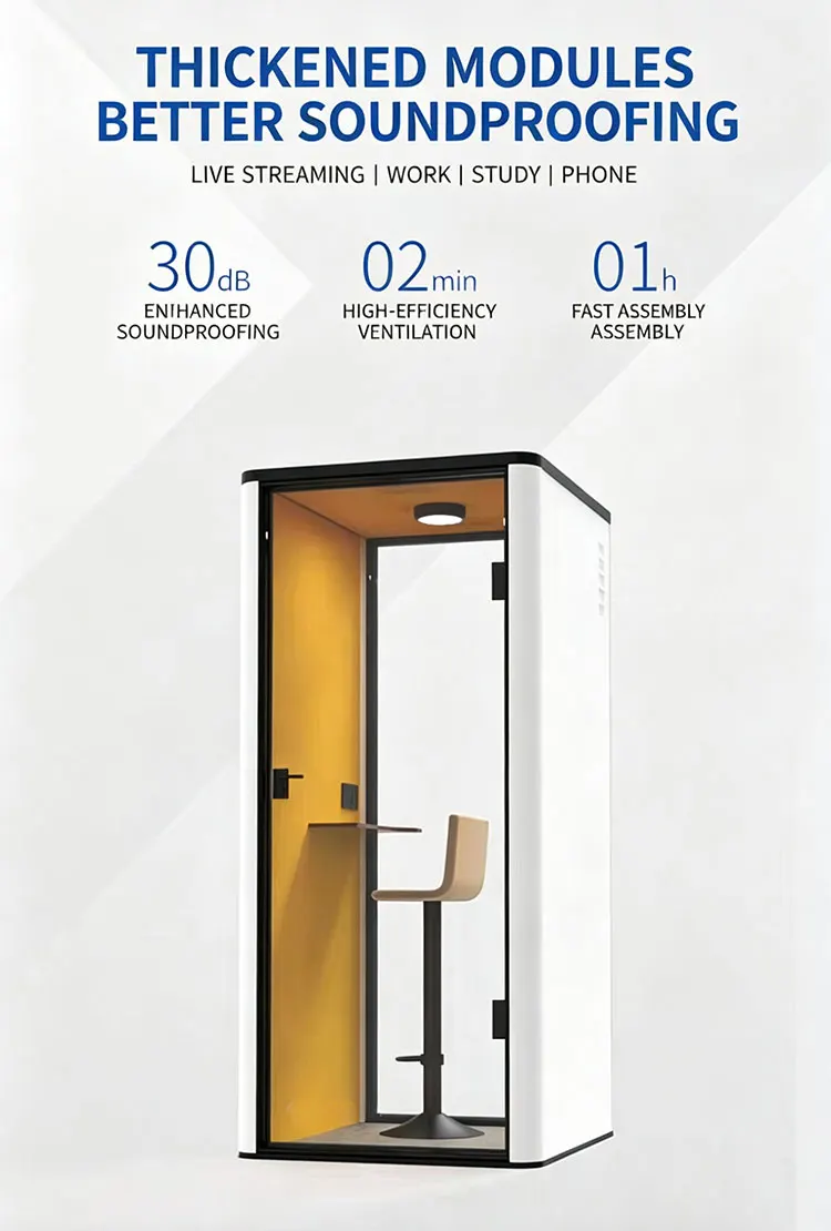 A durable and versatile soundproof office cabin with a modern design that is mobile