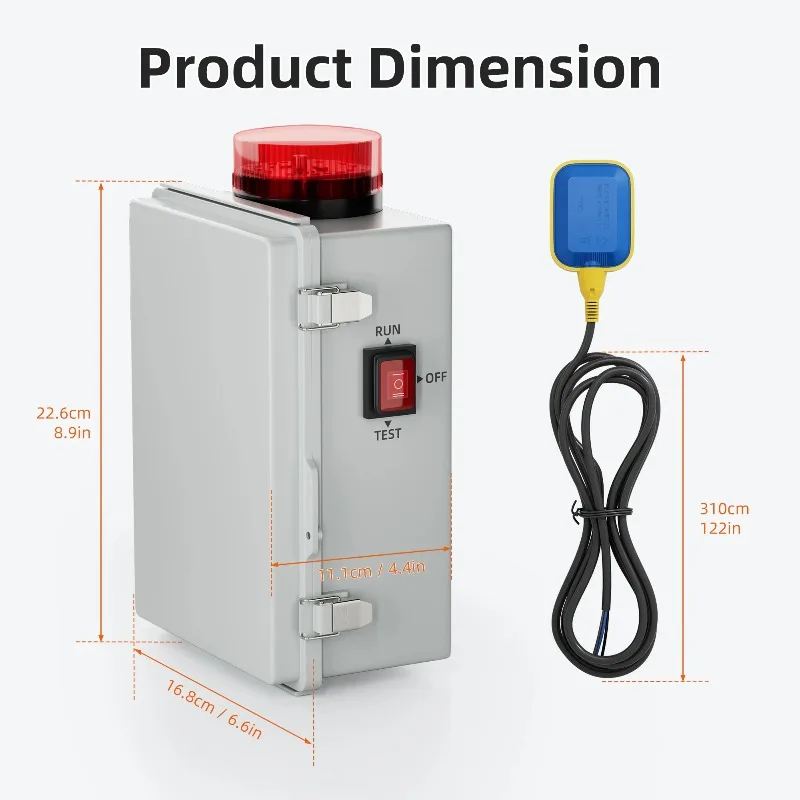 Sump Pump Water Alarm Waterproof Septic Tank Water Detector Alarm for Basements with Flash Light and 110dB Alarm