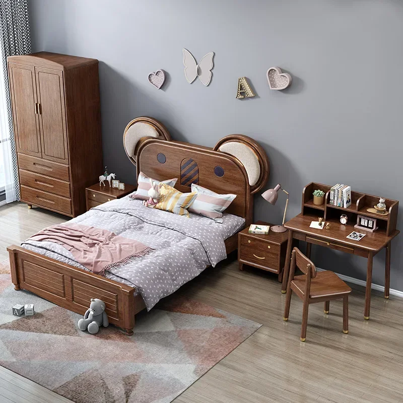 1.5m New Chinese style Children's Bed Koala Bed Walnut Wood Bedroom Children's Boy Youth Solid Wood Single Bed