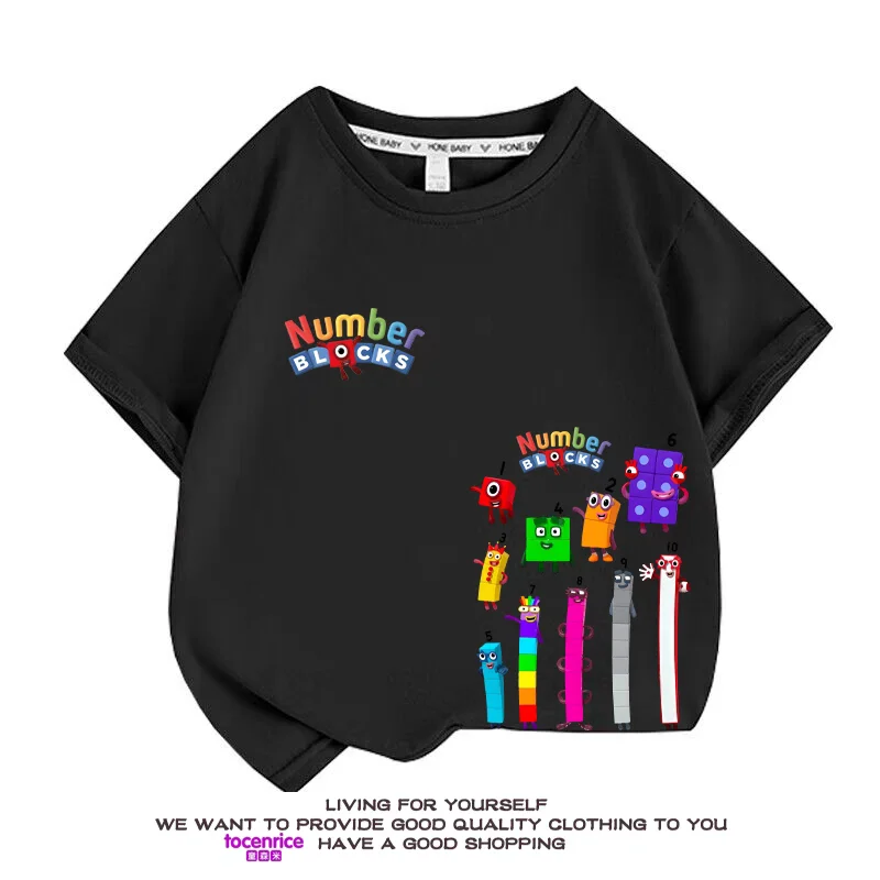 2024 Summer New Digital Building Blocks Boys Short Sleeve T-shirt Cartoon Clothes Children Half Sleeve Boys Girls Cotton Top